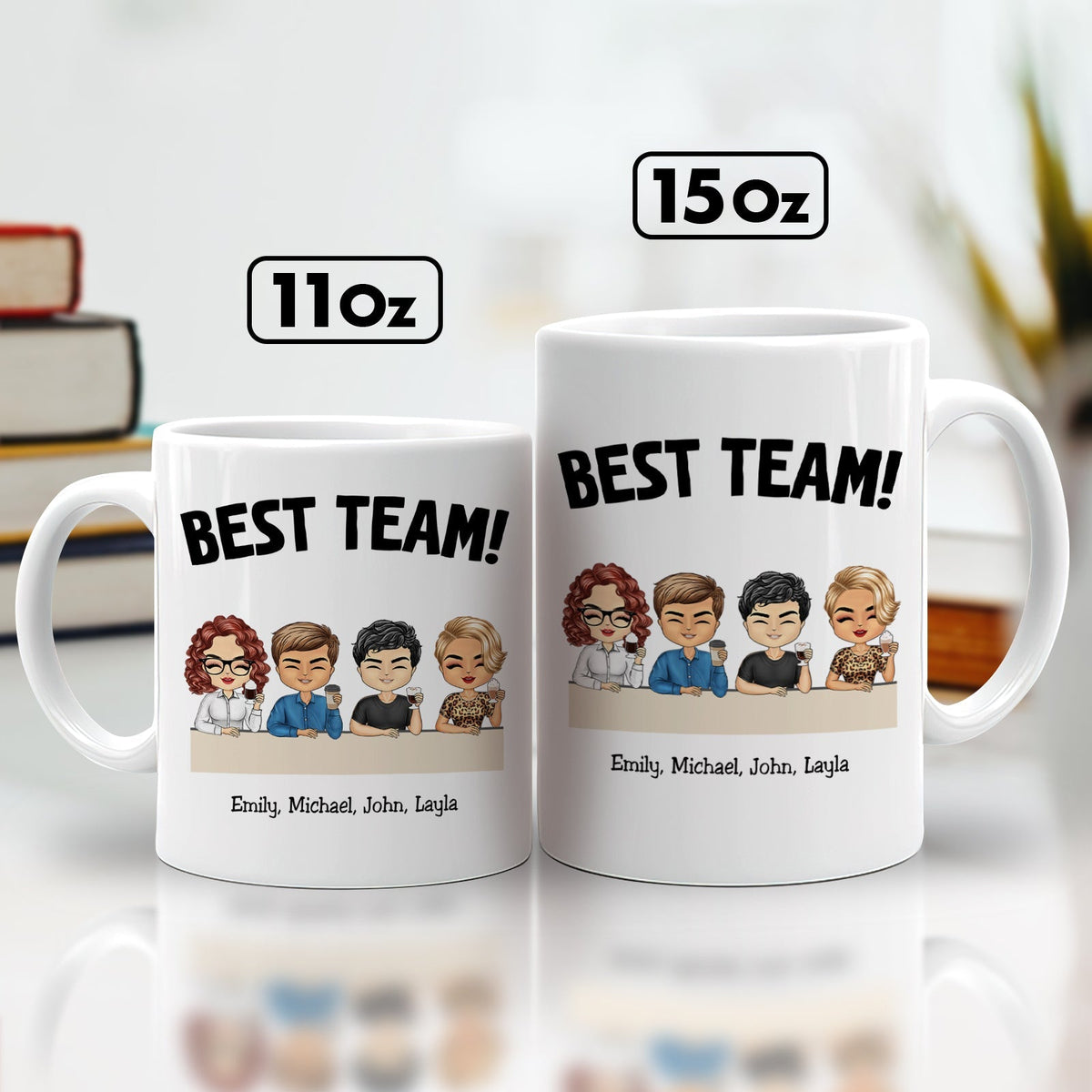 Personalized coworker gift mug featuring cartoon characters and the phrase Best Team
