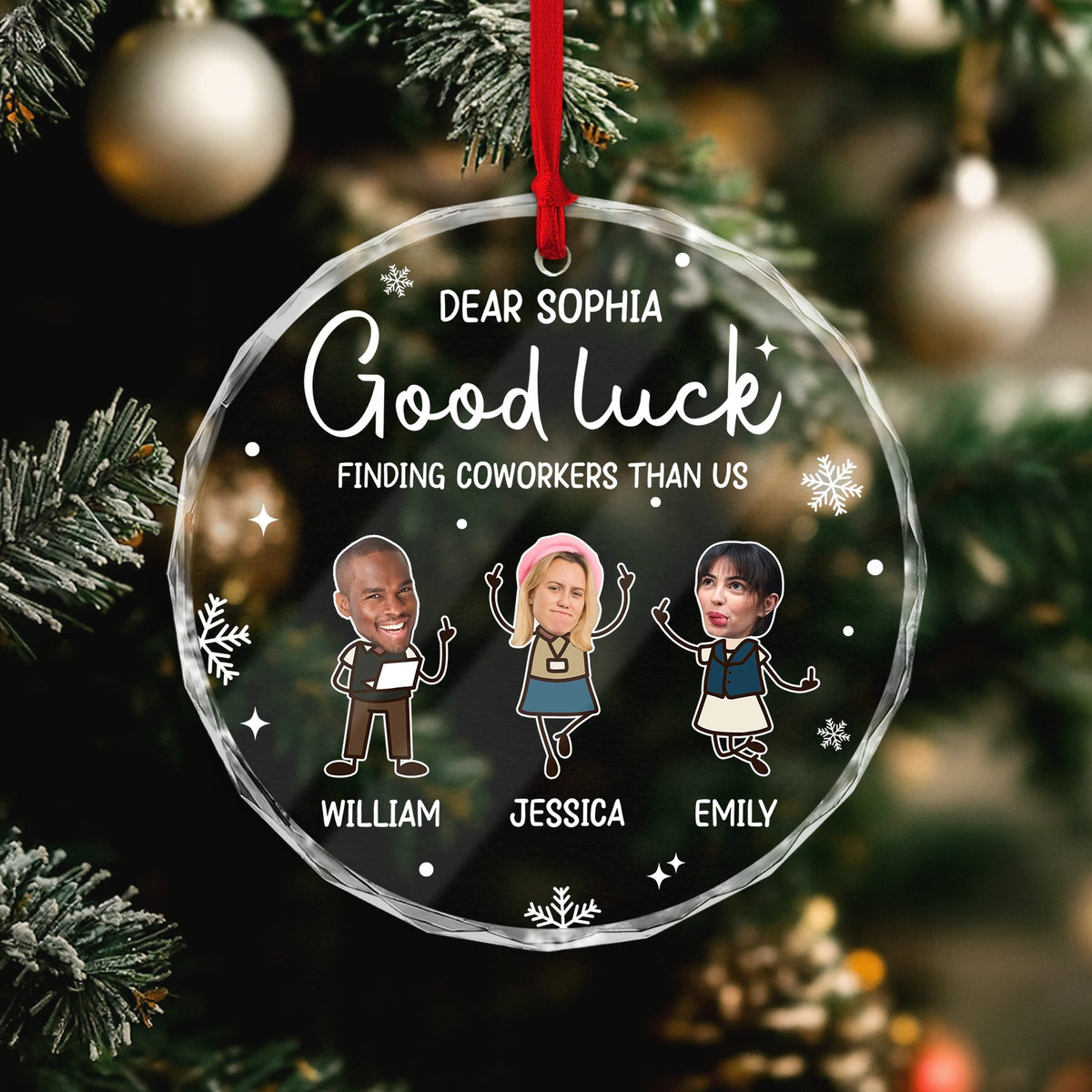 Personalized coworker ornament featuring custom names and festive designs for gifting to colleagues