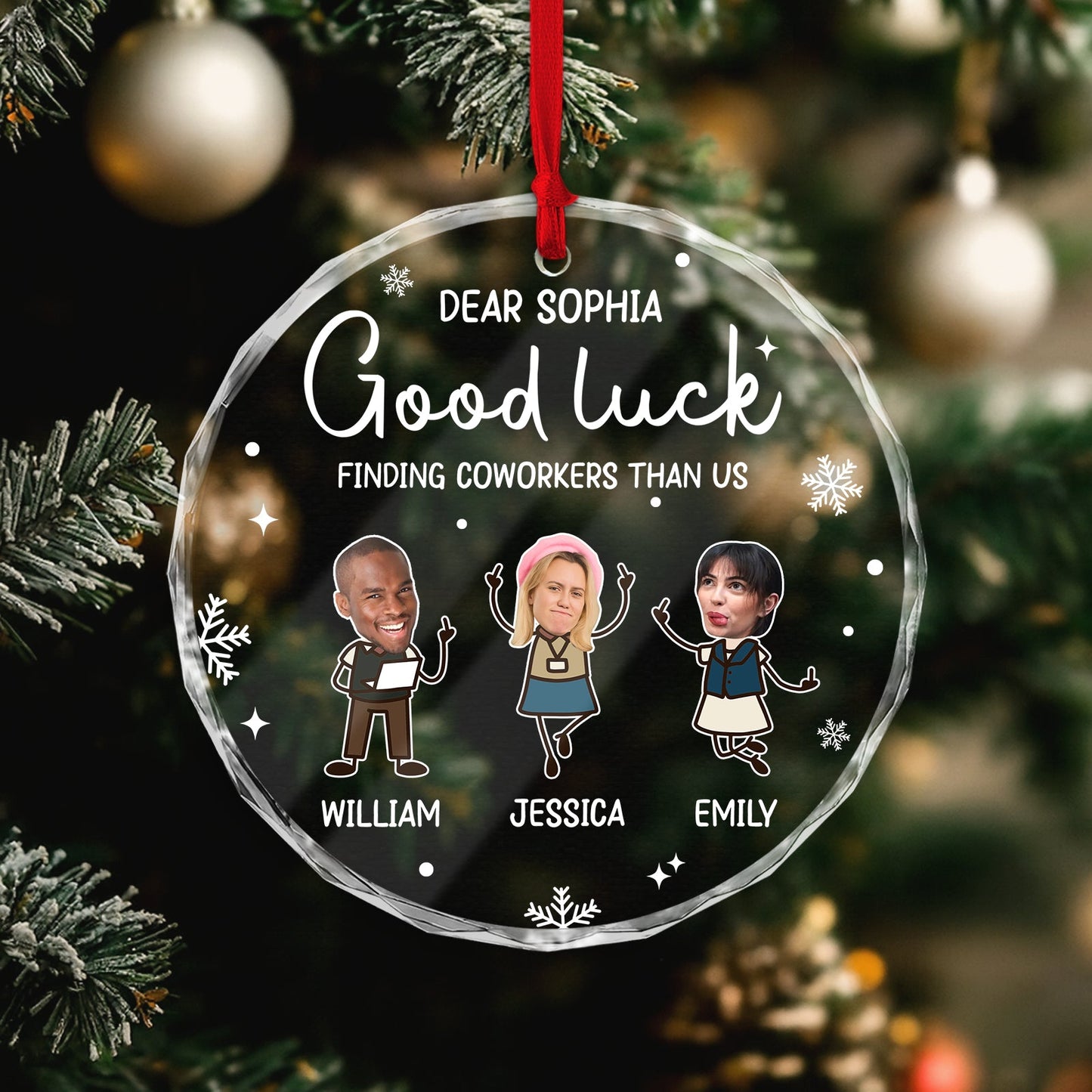 Personalized coworker ornament featuring custom names and festive designs for gifting to colleagues