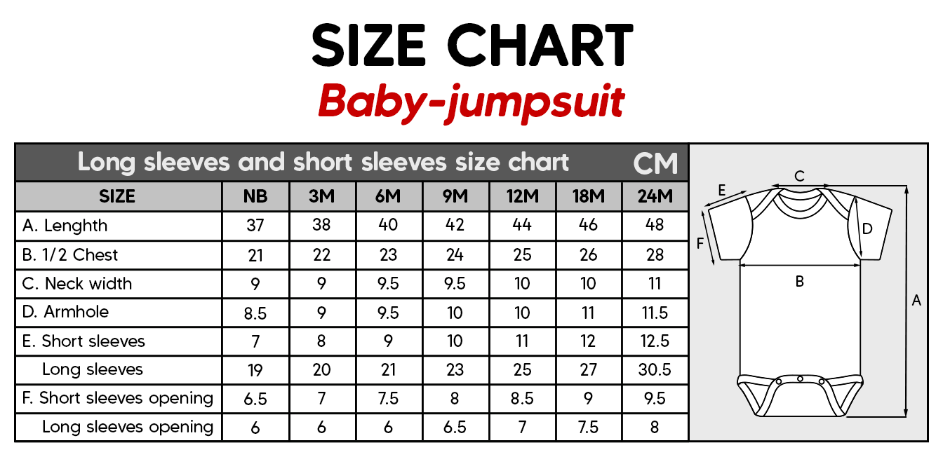 Size chart for baby jumpsuit with measurements in centimeters including length, chest, neck width, armhole, and sleeve openings