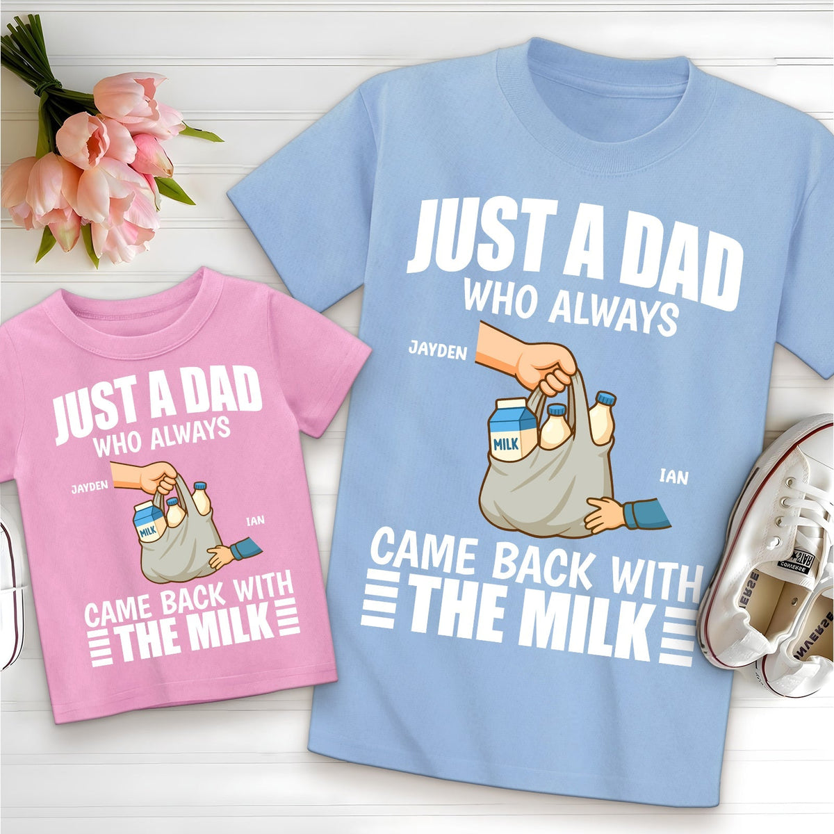 365Gifty personalized dad and baby matching shirts in blue and pink with milk design and names