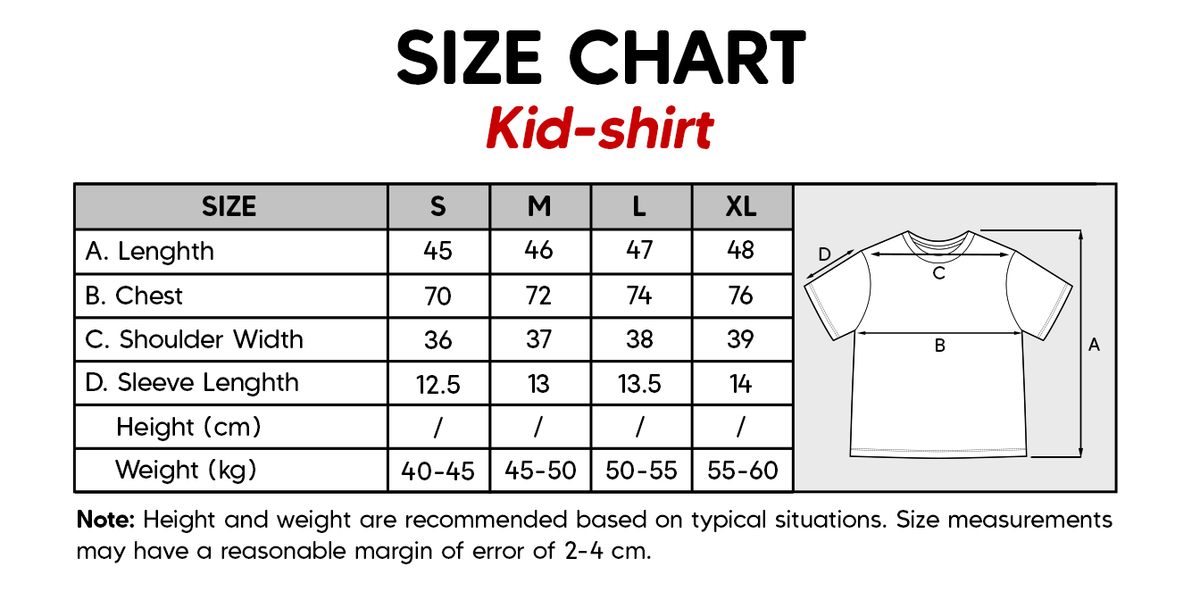 Size chart for kid-shirt showing length chest shoulder width and sleeve length for sizes S to XL