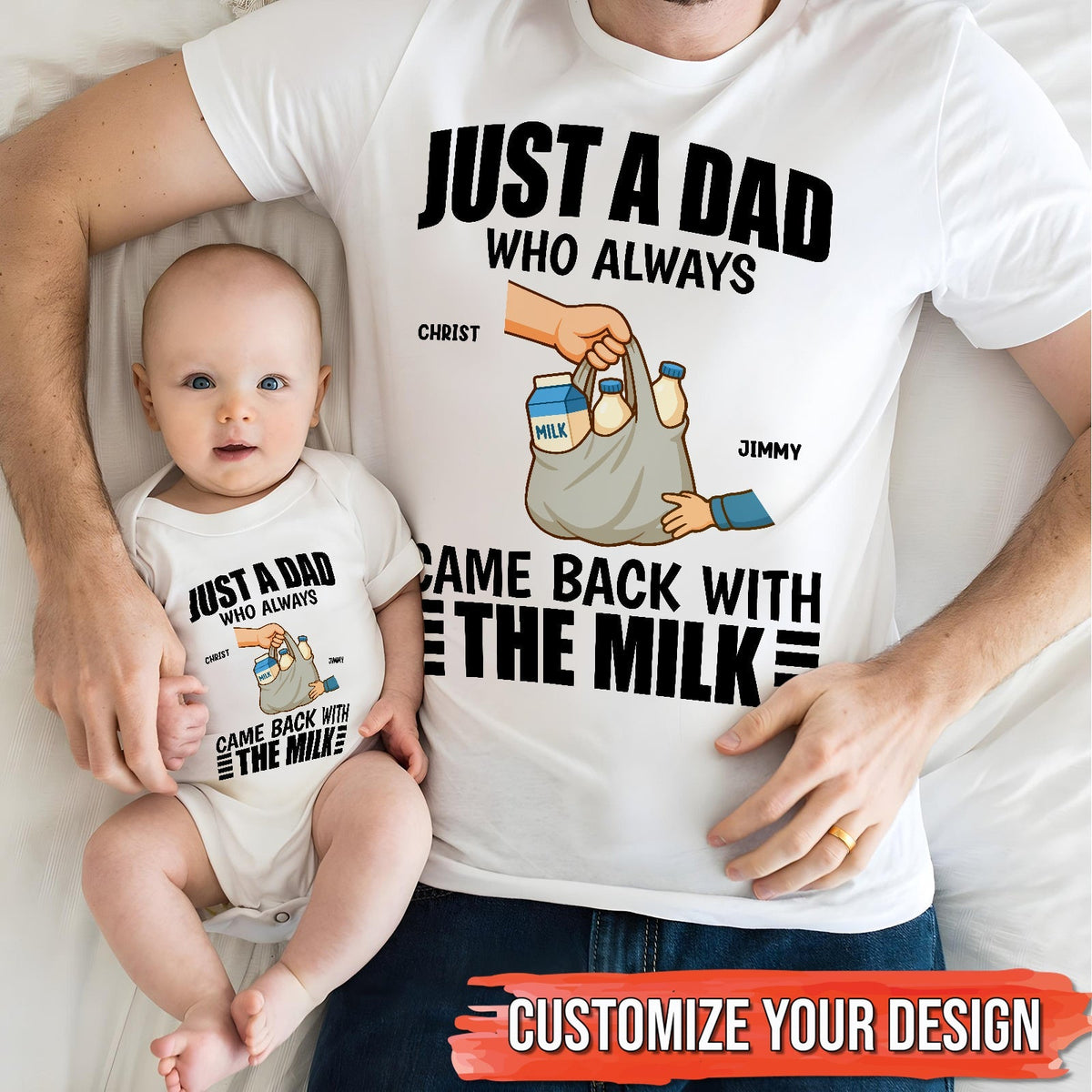 Personalized dad and baby matching shirts with milk bag design and custom names from 365Gifty