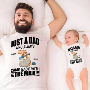 Personalized dad and baby matching shirts with milk carton design and text about coming back with milk