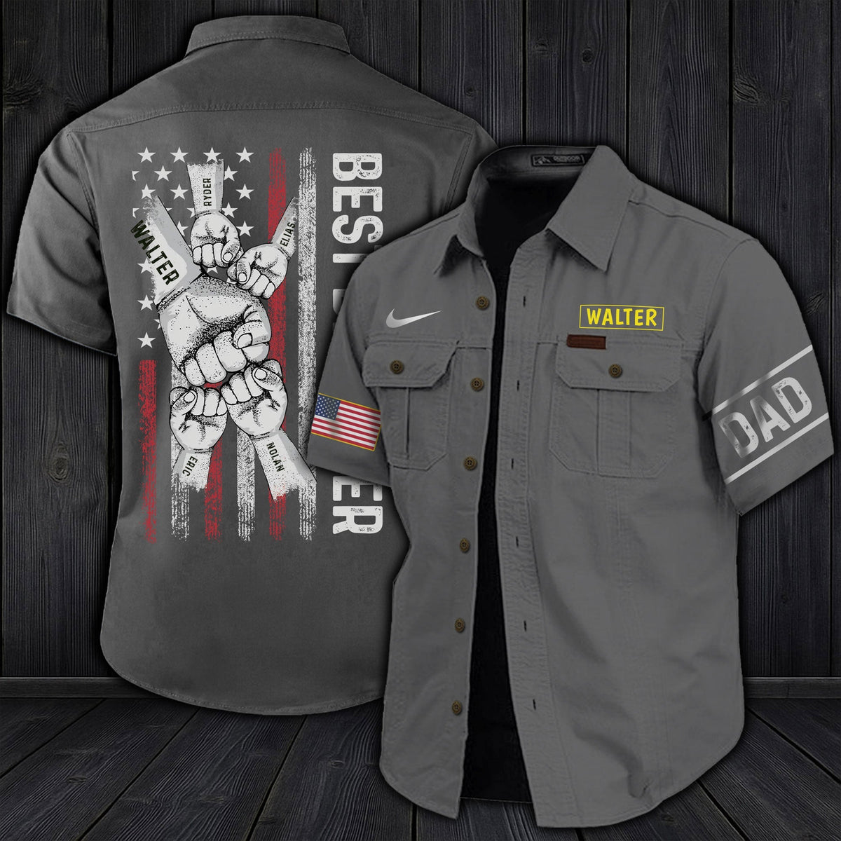 Gray personalized dad cargo shirt with American flag, Dad patch on sleeve, and custom name Walter on chest