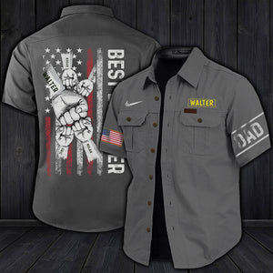 Gray personalized dad cargo shirt with American flag, Dad patch on sleeve, and custom name Walter on chest