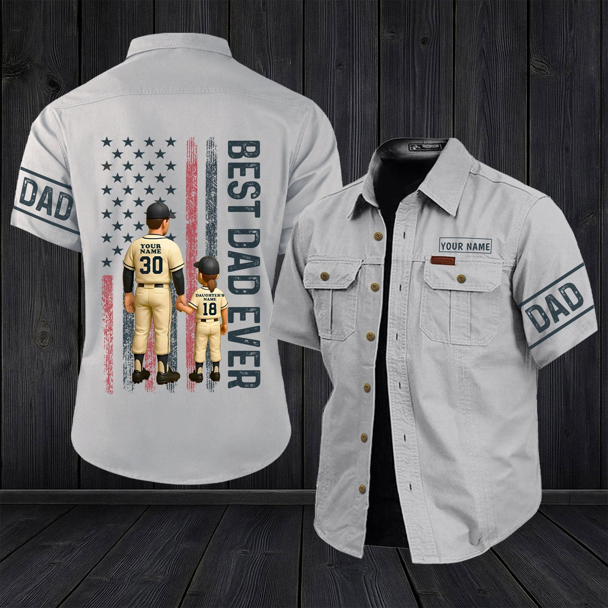 365Gifty personalized dad cargo shirt with Best Dad Ever design and customizable name and number