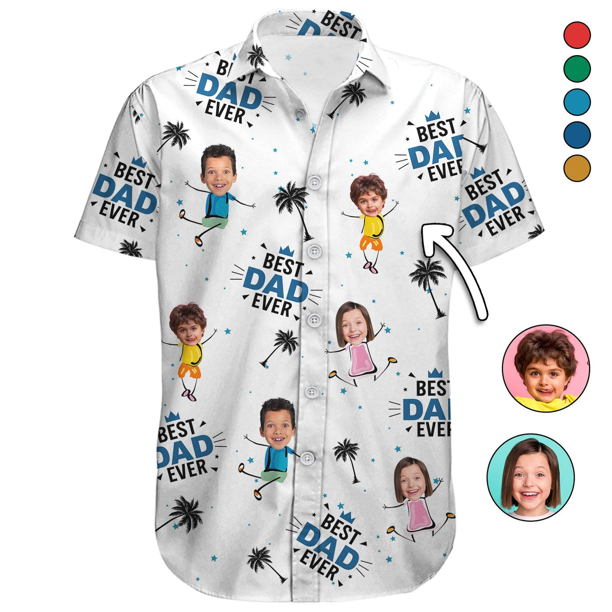 White personalized dad hawaiian shirt with cartoon kids and best dad ever text design