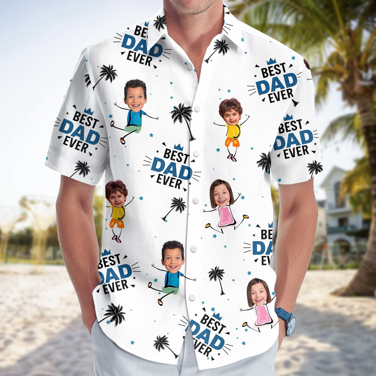 365Gifty personalized dad hawaiian shirt with cartoon kids faces and best dad ever text on white background