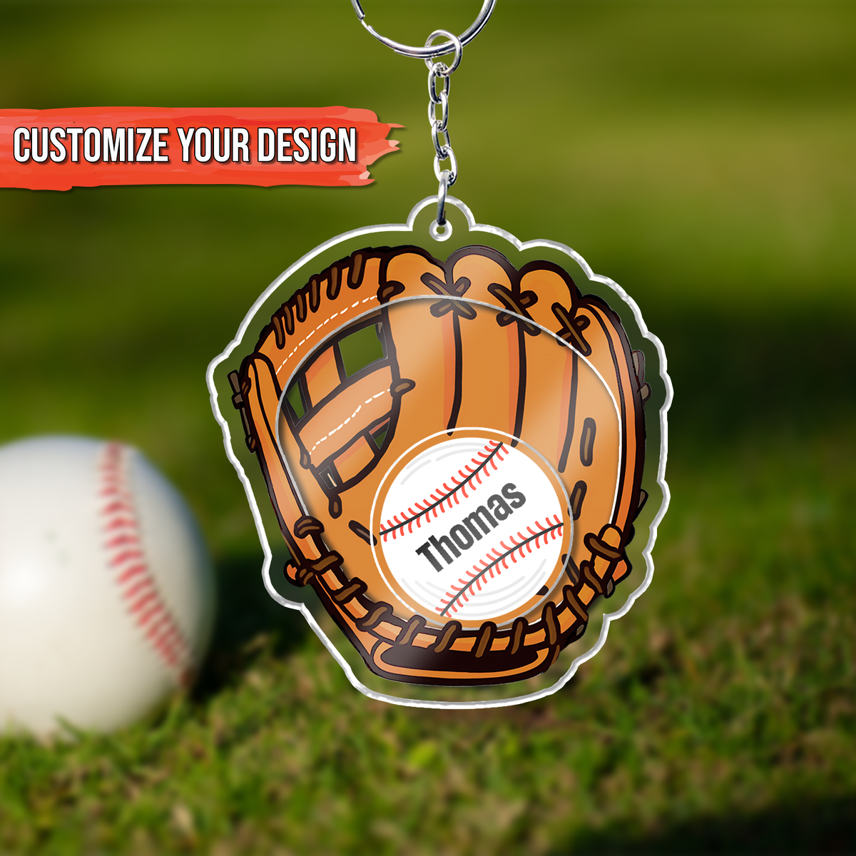 Personalized dad keychain gift featuring a baseball glove design customizable with name Thomas