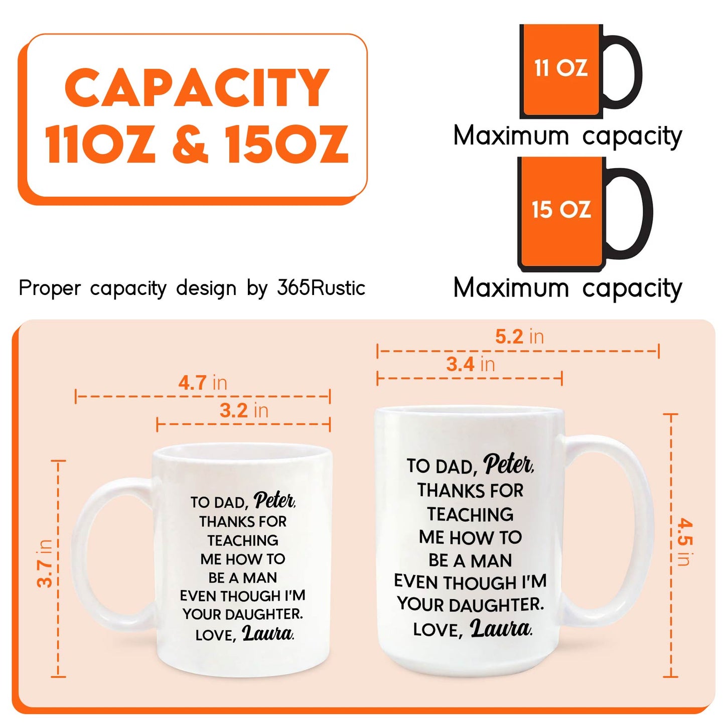 Personalized dad mug featuring thoughtful message about teaching and love, available in 11oz and 15oz sizes