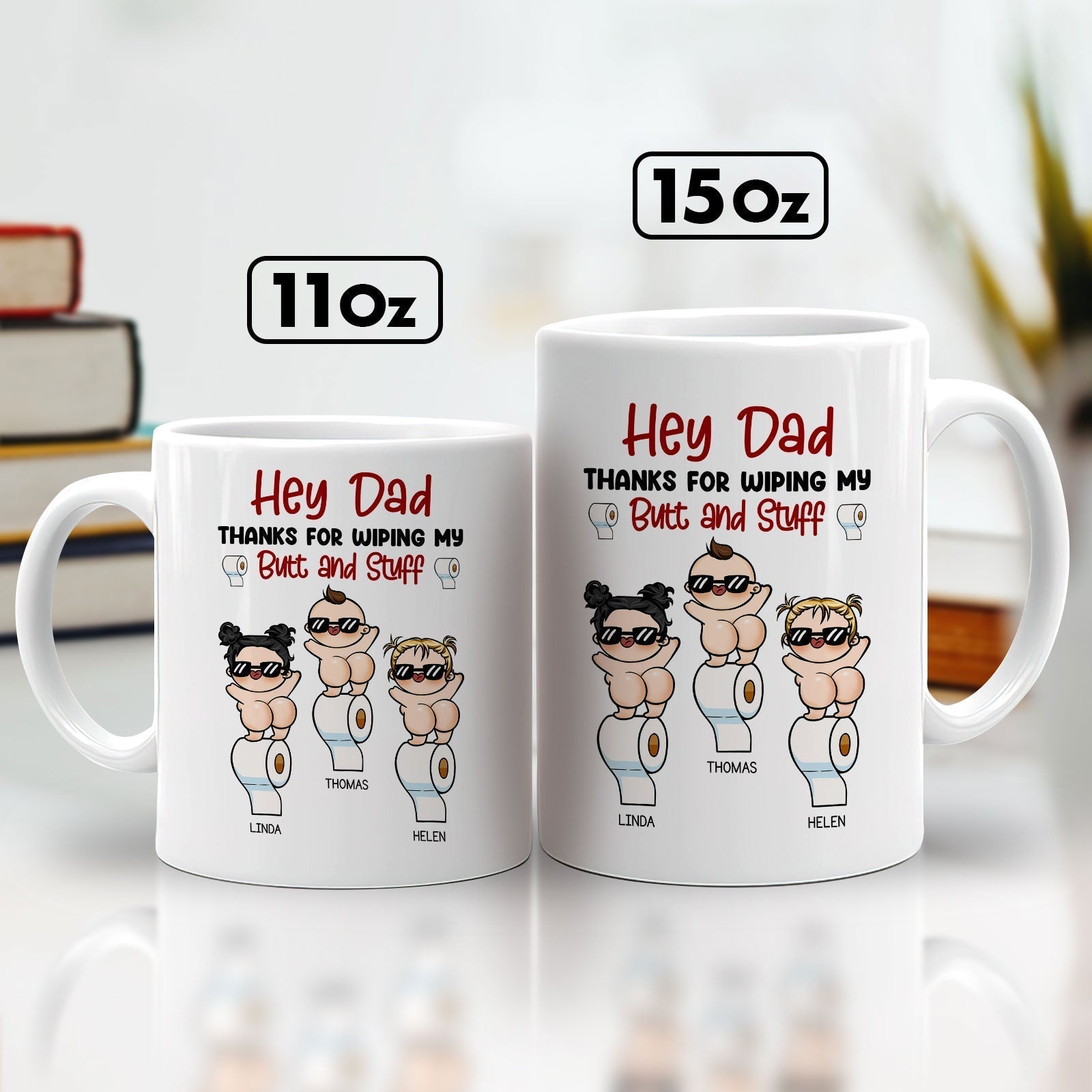 Personalized dad mug from kids featuring a humorous design with cartoon babies and a funny message