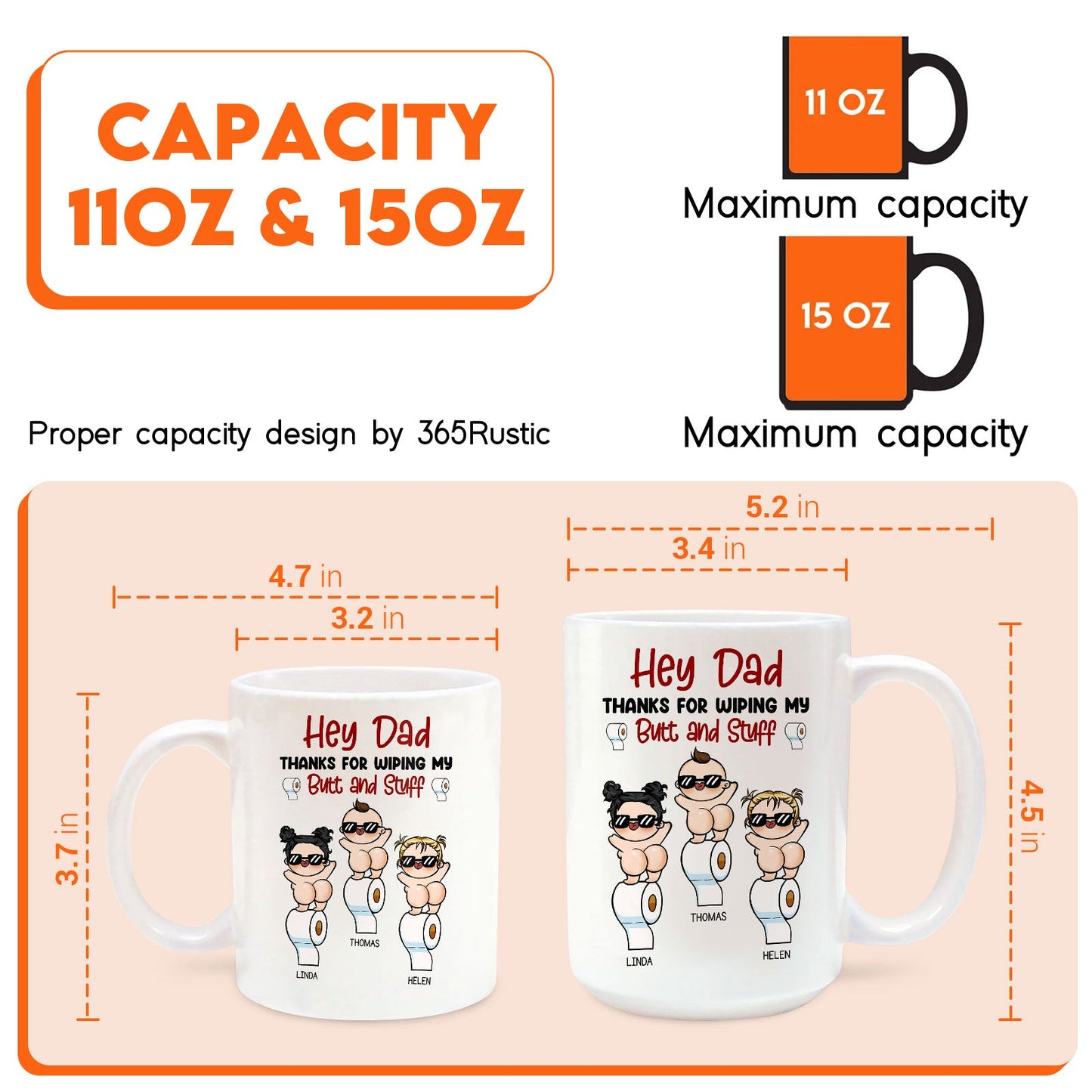 Personalized dad mug from kids with funny design and two size options for coffee lovers