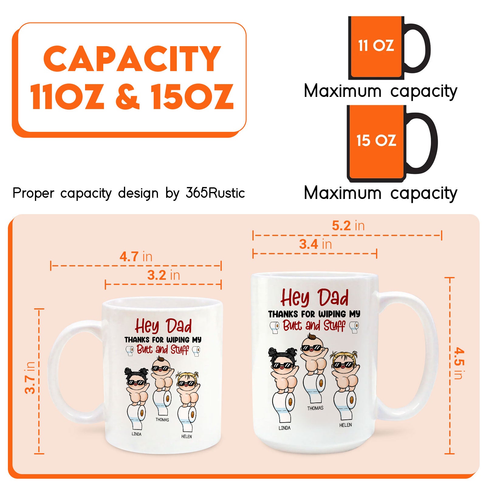 Personalized dad mug from kids with funny design and two size options for coffee lovers