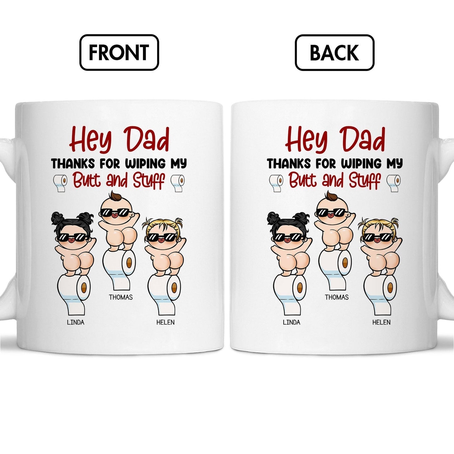 Personalized dad mug from kids with humorous design featuring babies in sunglasses and a funny message