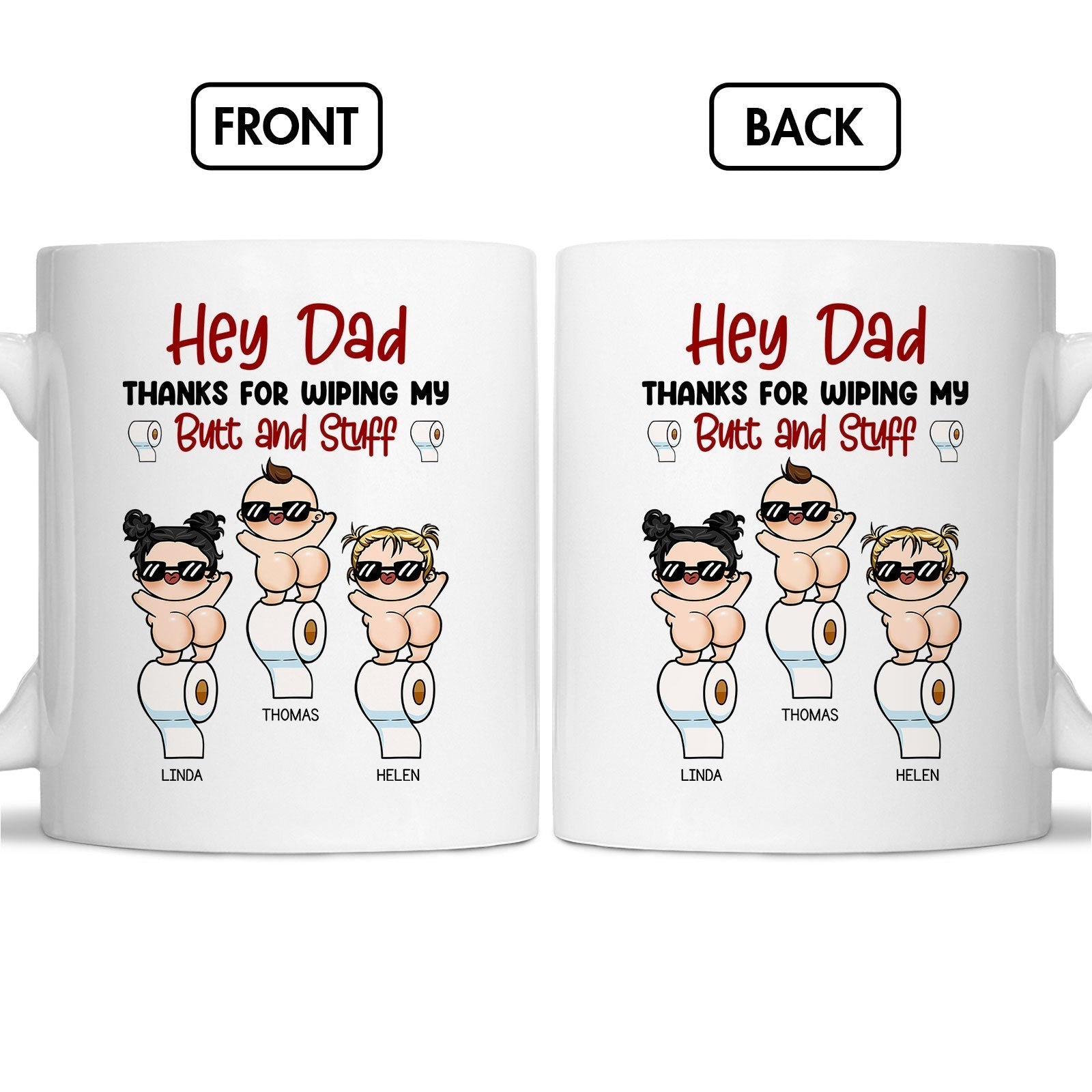 Personalized dad mug from kids with humorous design featuring babies in sunglasses and a funny message
