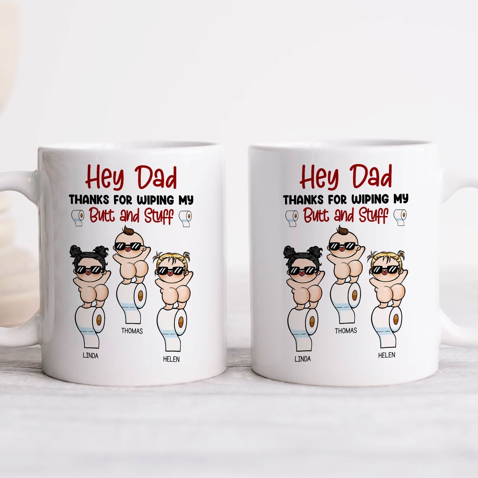 Funny personalized dad mug from kids featuring humorous cartoon characters and playful text