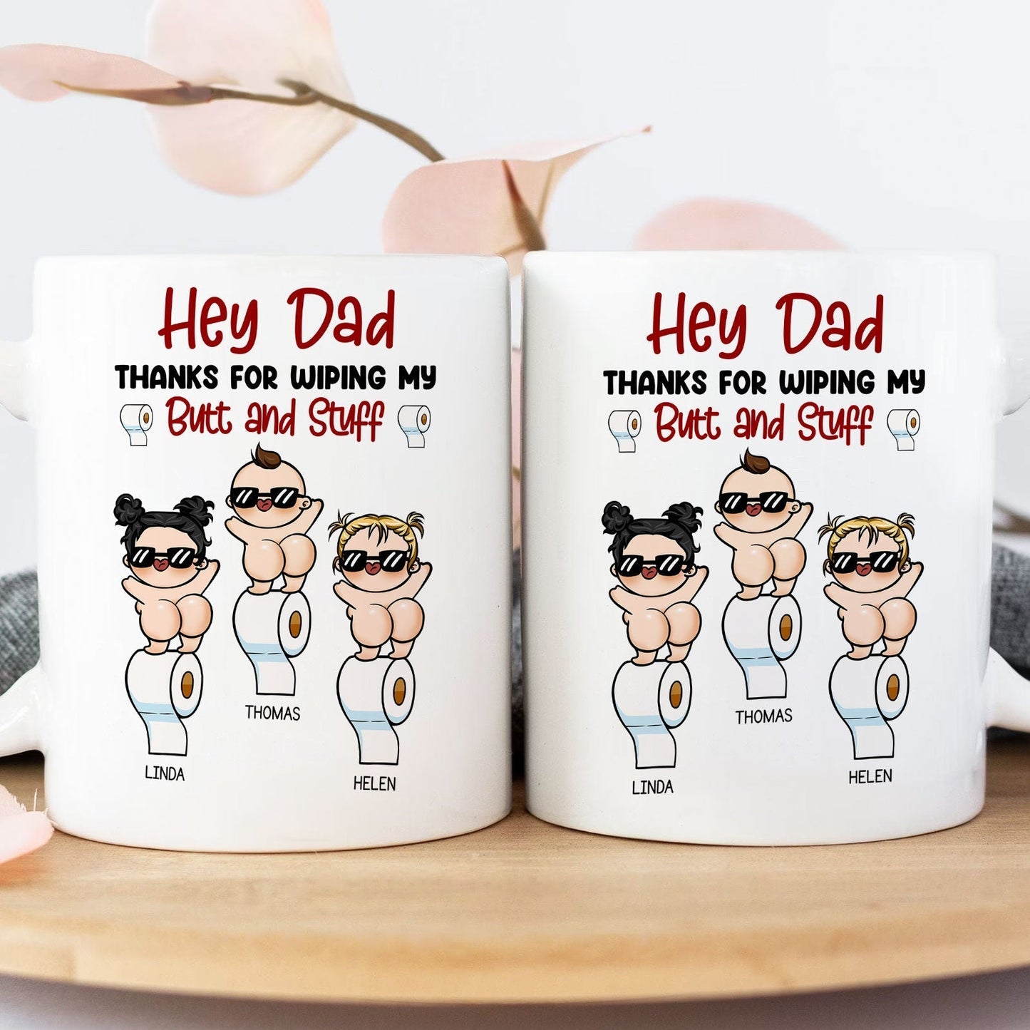 Funny personalized dad mug from kids with cartoon characters and playful text for Father's Day