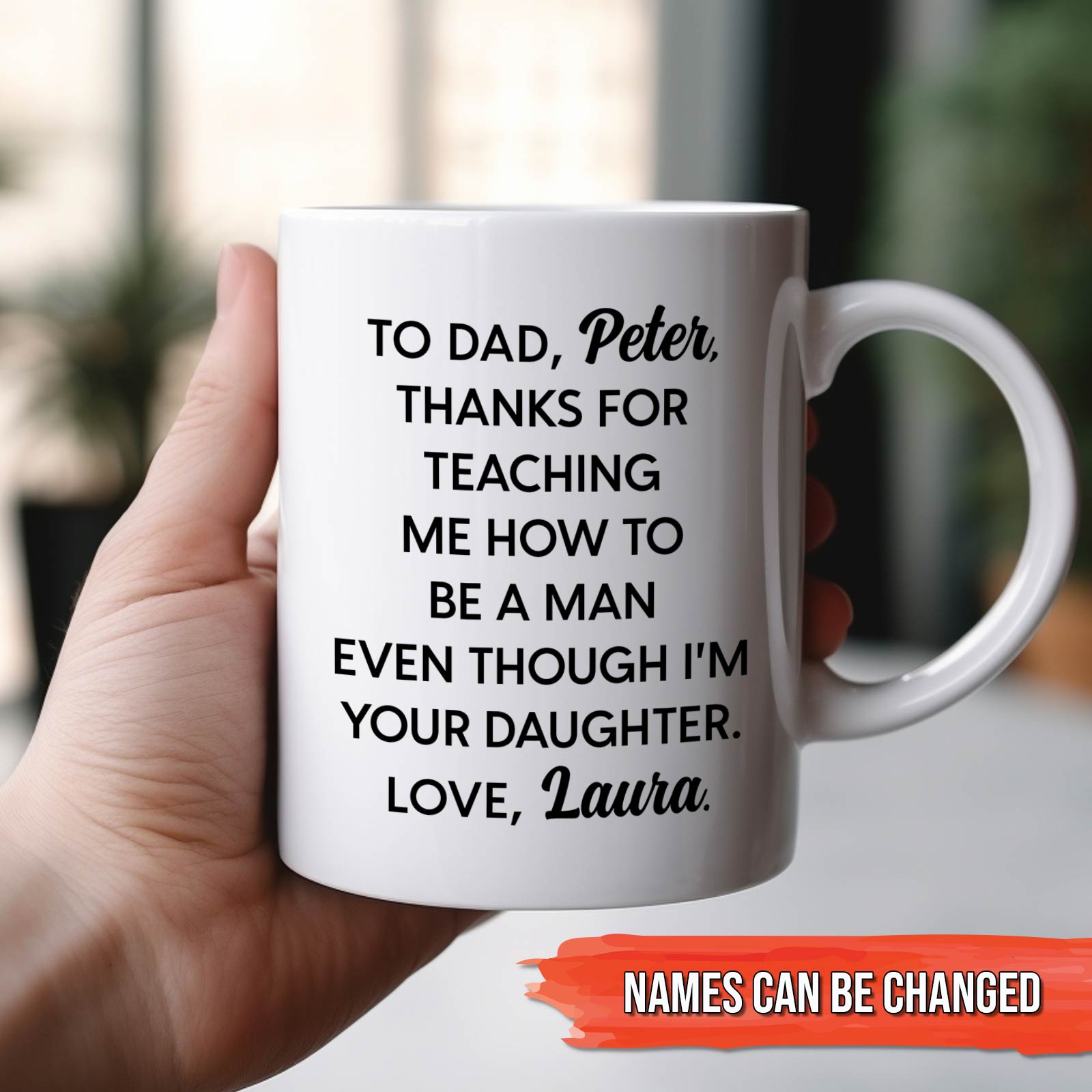 Personalized dad mug featuring a heartfelt message from a daughter with customizable names