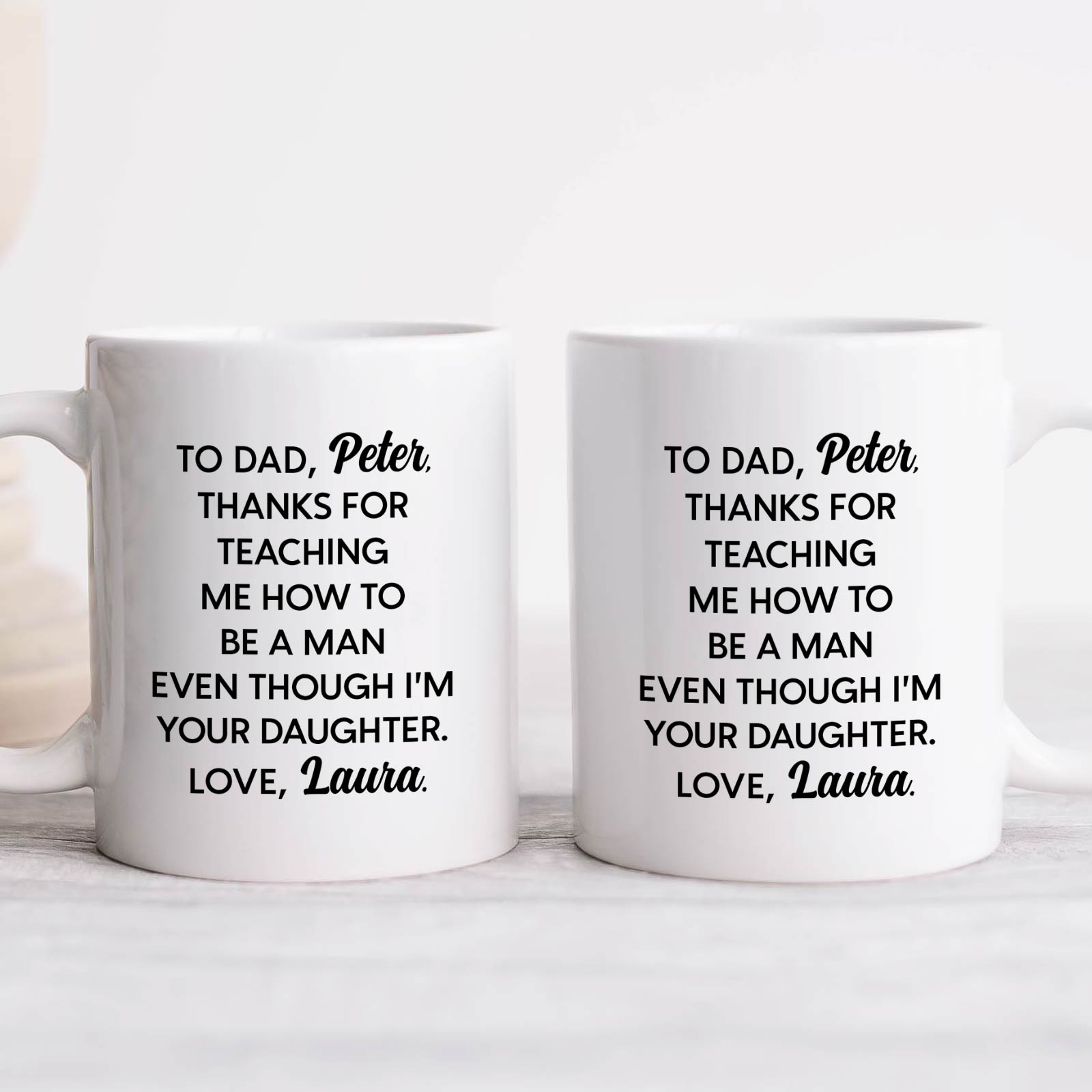 Two personalized dad mugs with heartfelt messages from daughter to father expressing gratitude