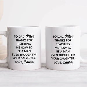 Two personalized dad mugs with heartfelt messages from daughter to father expressing gratitude