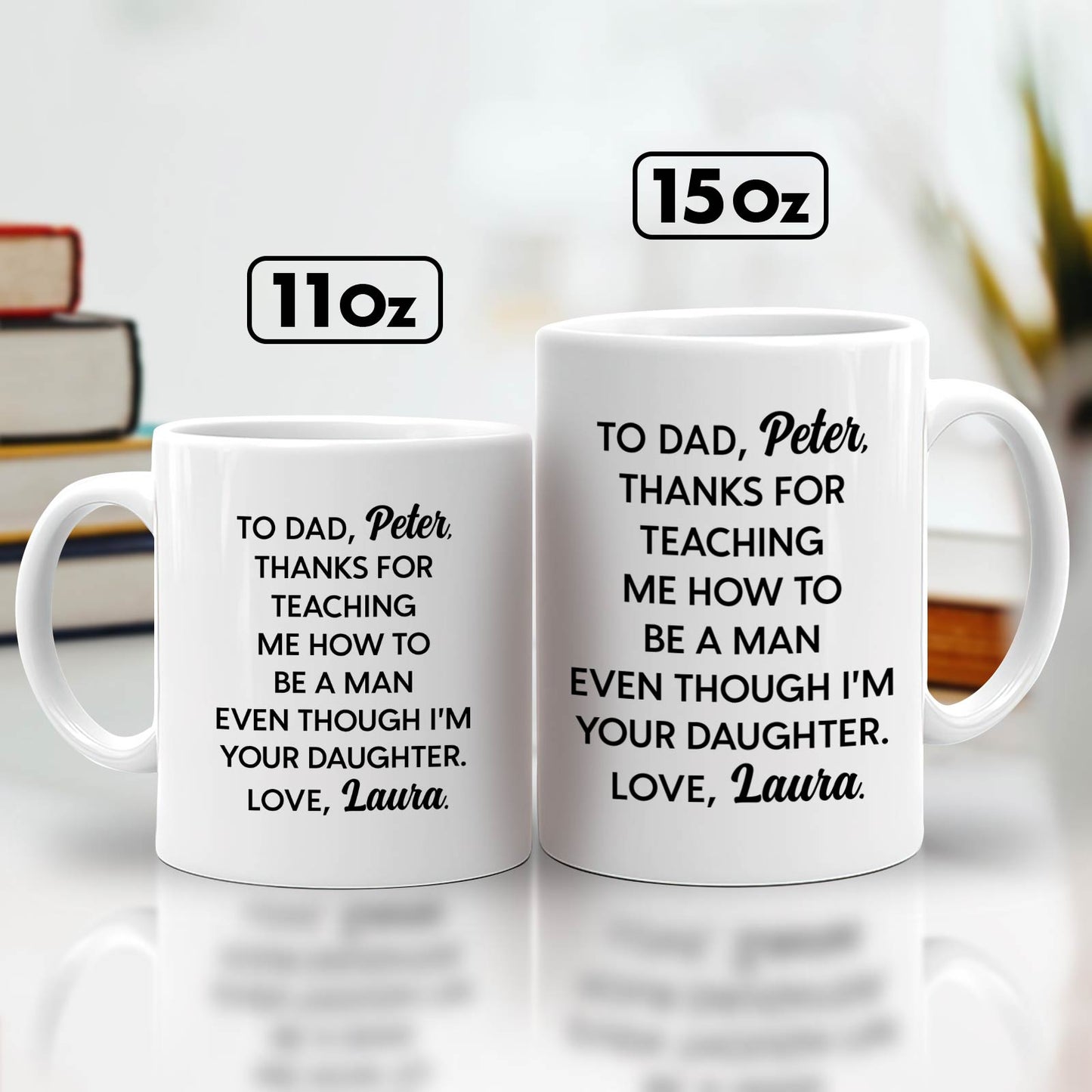 Personalized dad mug featuring a heartfelt message for fathers, available in 11oz and 15oz sizes