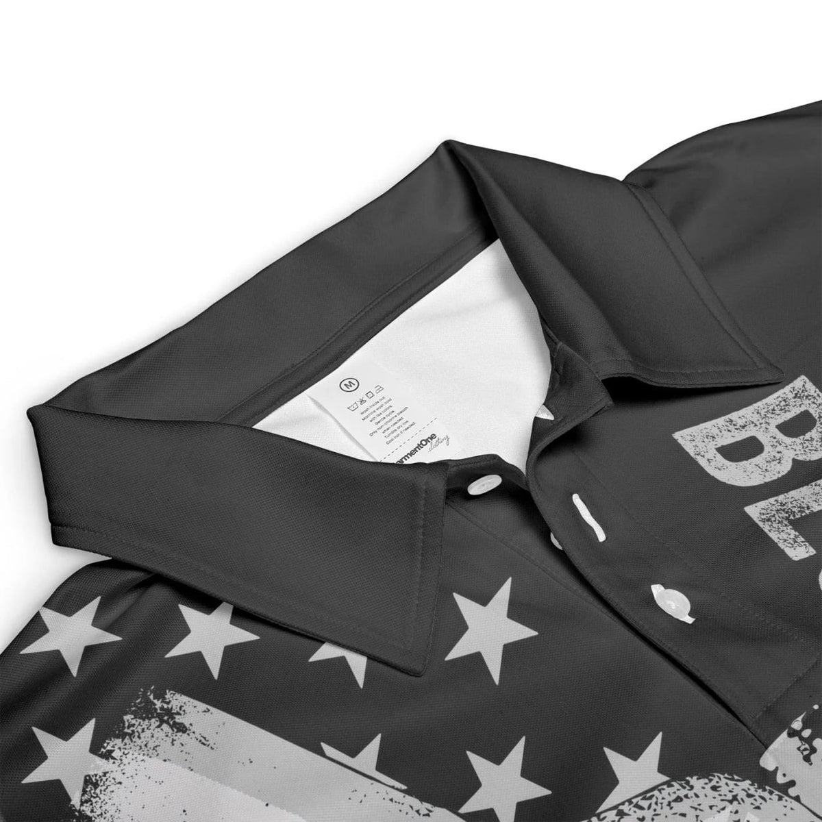 Close-up of a black personalized dad polo shirt with stars and button collar details