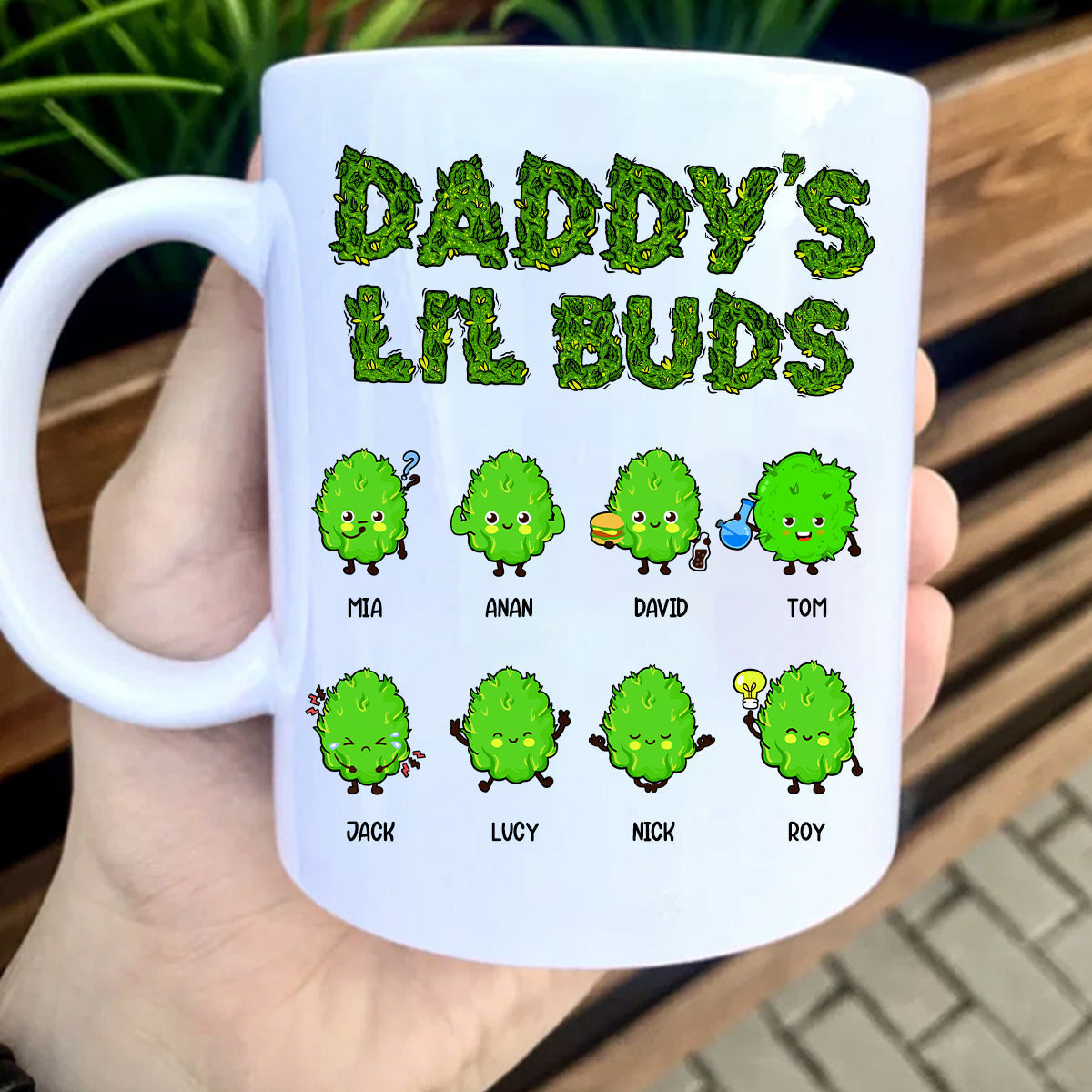 Personalized daddy mug featuring cute characters with names for a unique gift for dads