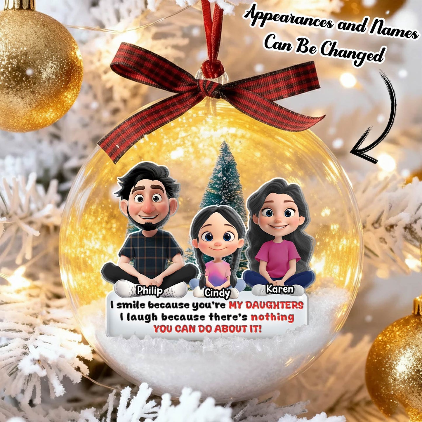 Personalized daughter Christmas ornament featuring cartoon family with customizable names and appearances