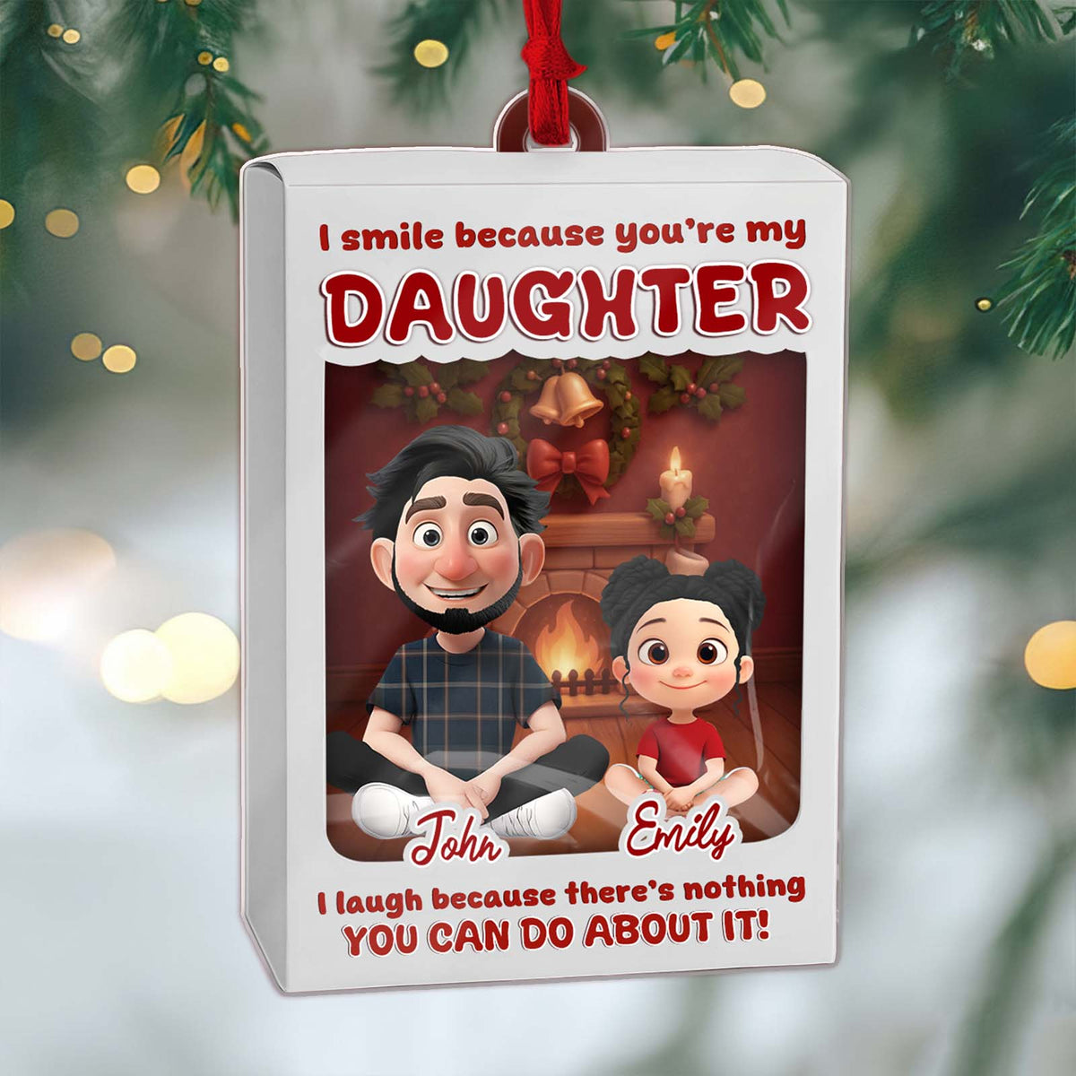 Personalized daughter ornament featuring cartoon characters by a fireplace with playful text