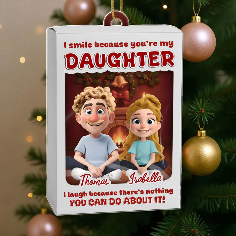 Personalized daughter ornament featuring animated characters with a festive background and playful text
