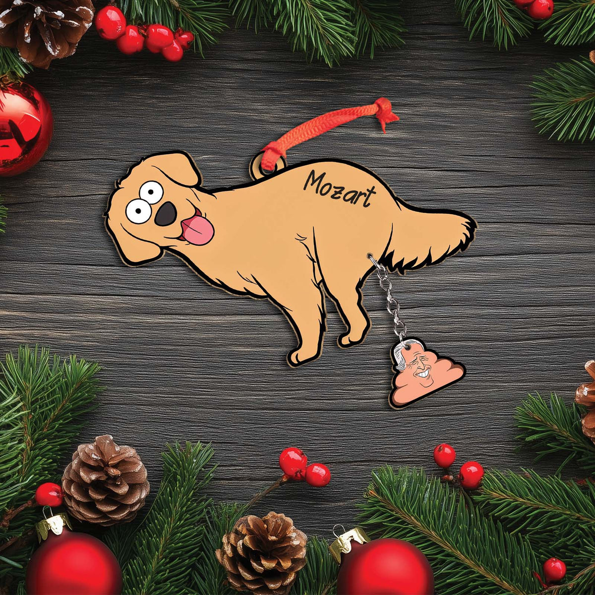 365Gifty personalized dog Christmas ornament featuring a cartoon golden retriever with a red hanging ribbon and a small poop charm