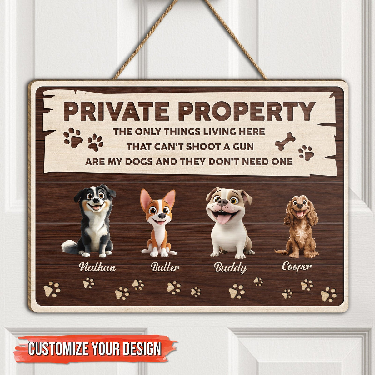 Personalized dog door sign featuring cartoon dogs with customizable names for pet lovers