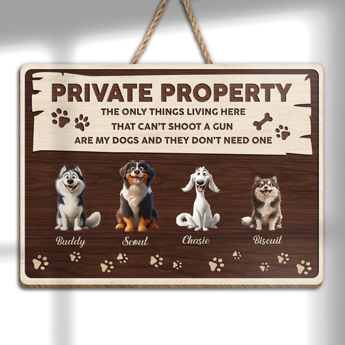 Personalized dog door sign featuring four cartoon dogs with names Buddy, Scout, Chasie, and Biscuit