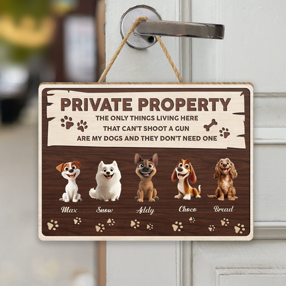 Personalized dog door sign featuring cute dog illustrations and a fun message about pet ownership