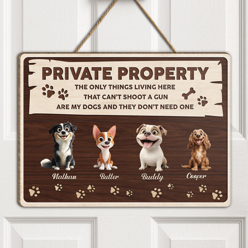 Custom personalized dog door sign featuring four cartoon dogs and the text Private Property