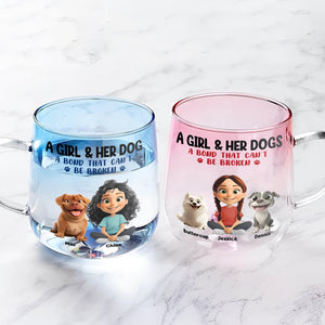 Personalized dog lover glass mug featuring cartoon characters and dogs with the phrase A Girl & Her Dog