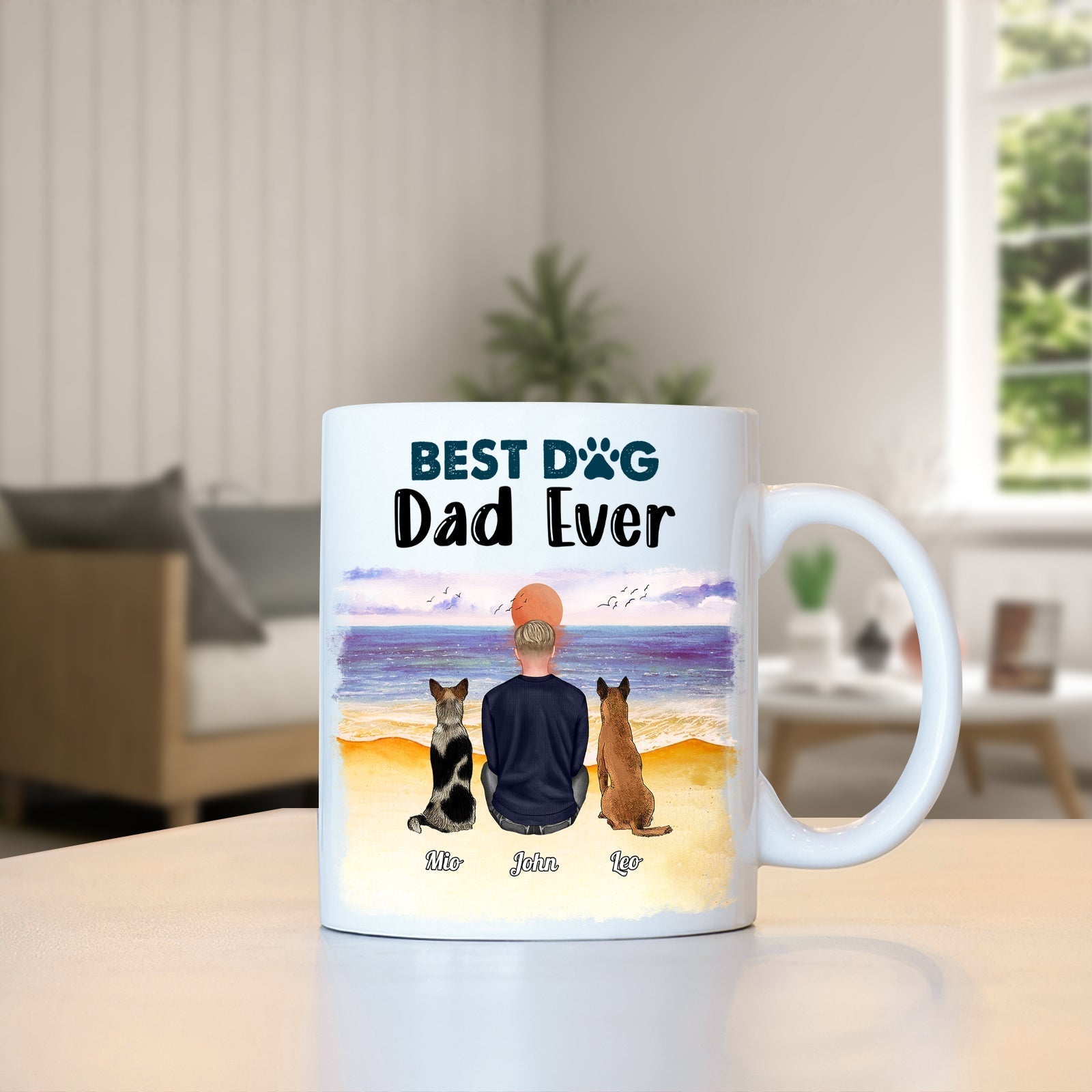 Personalized dog lover mug with 'Best Dog Dad Ever' design featuring two dogs on a beach scene