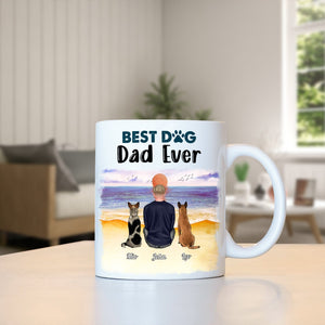 Personalized dog lover mug with 'Best Dog Dad Ever' design featuring two dogs on a beach scene