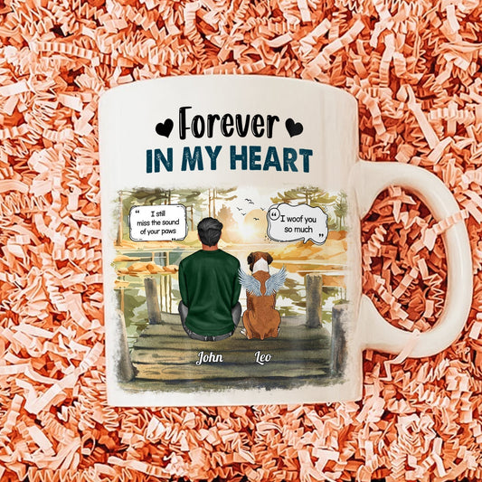 Personalized dog lover mug with sentimental design featuring a person and dog by the water