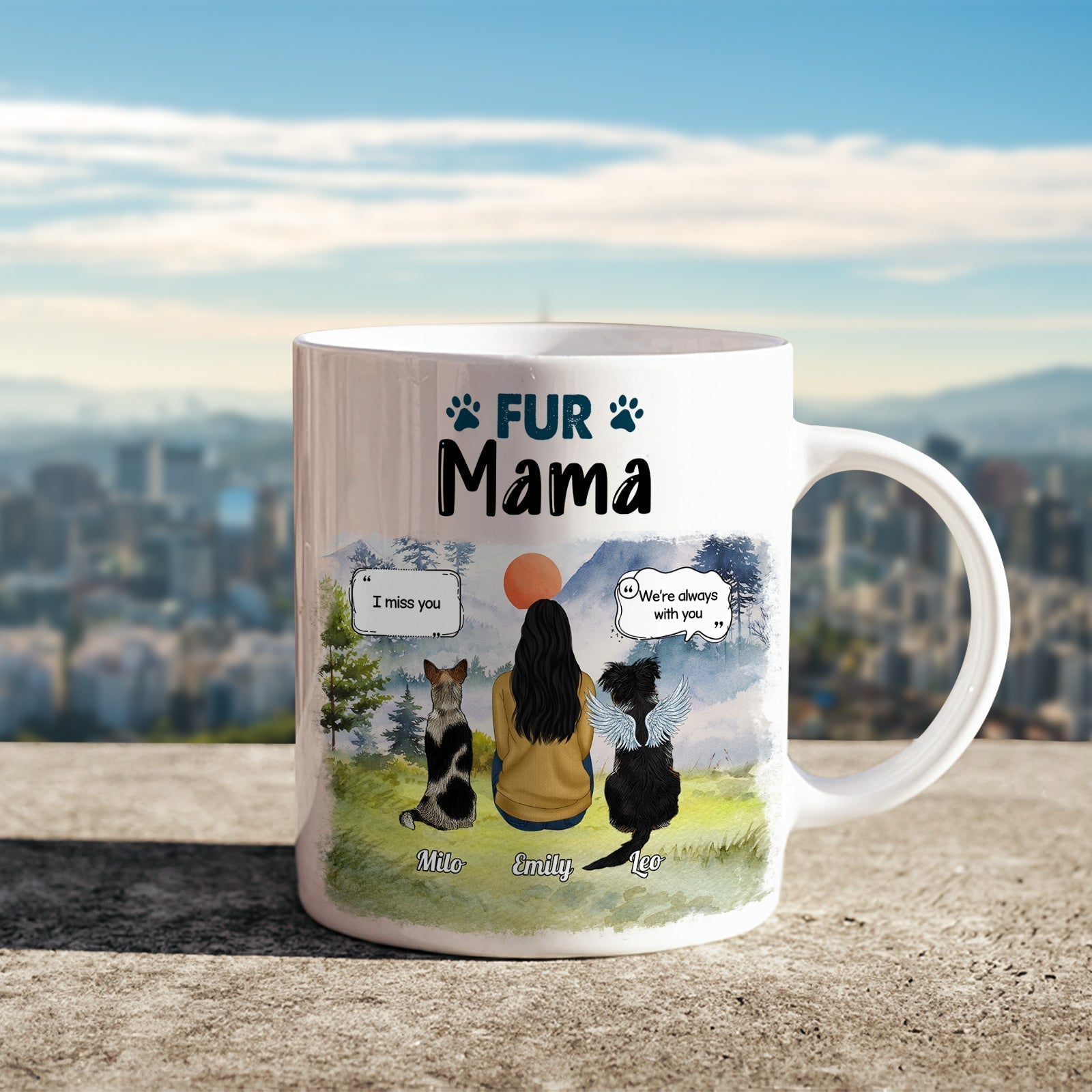 Personalized dog lover mug with custom names and a scenic design featuring a woman and dogs