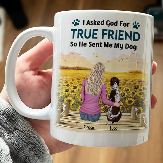 Personalized dog lover mug featuring a woman and dog with a heartfelt message and sunflower background