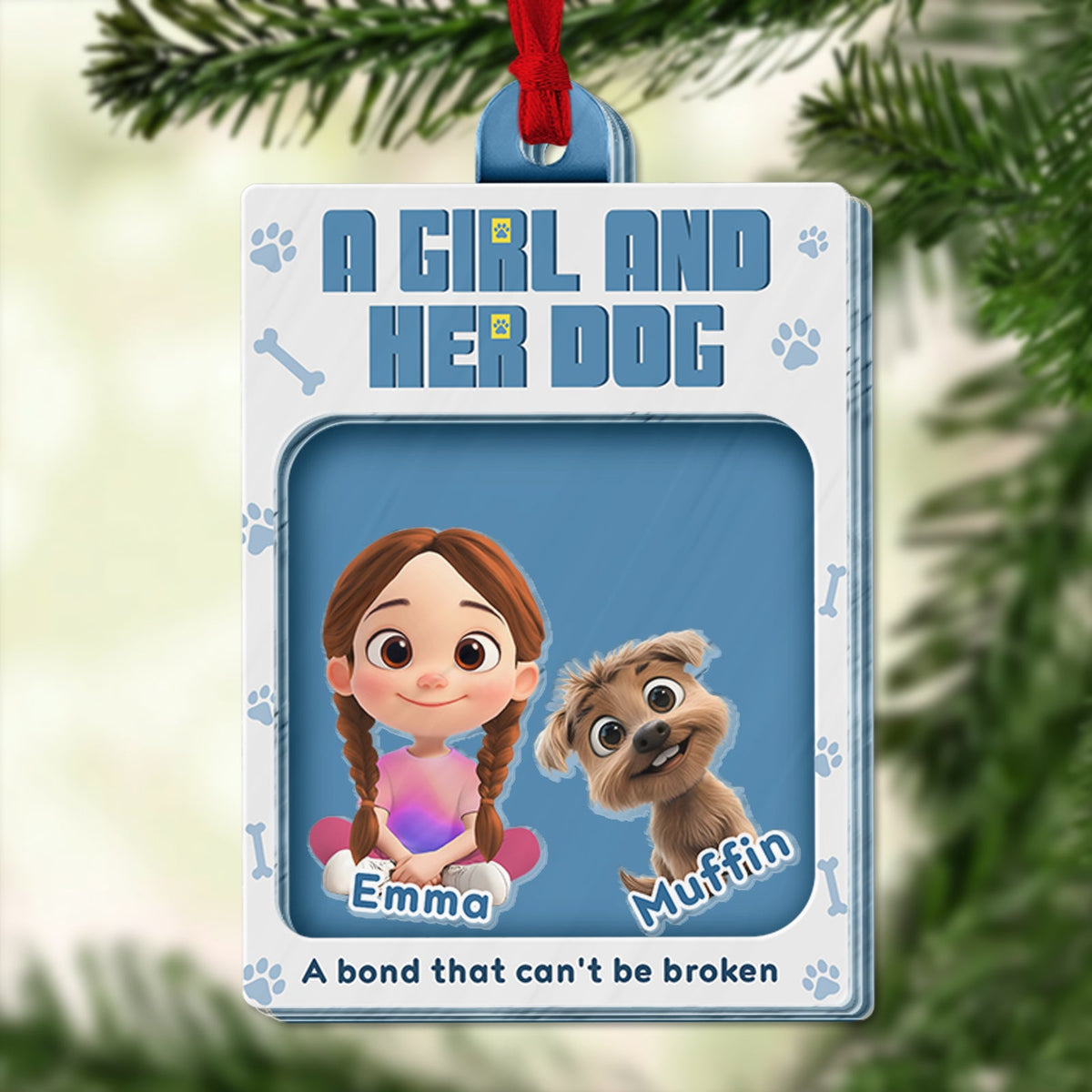 Personalized dog lover ornament featuring a girl and her dog with customizable name and heartfelt message