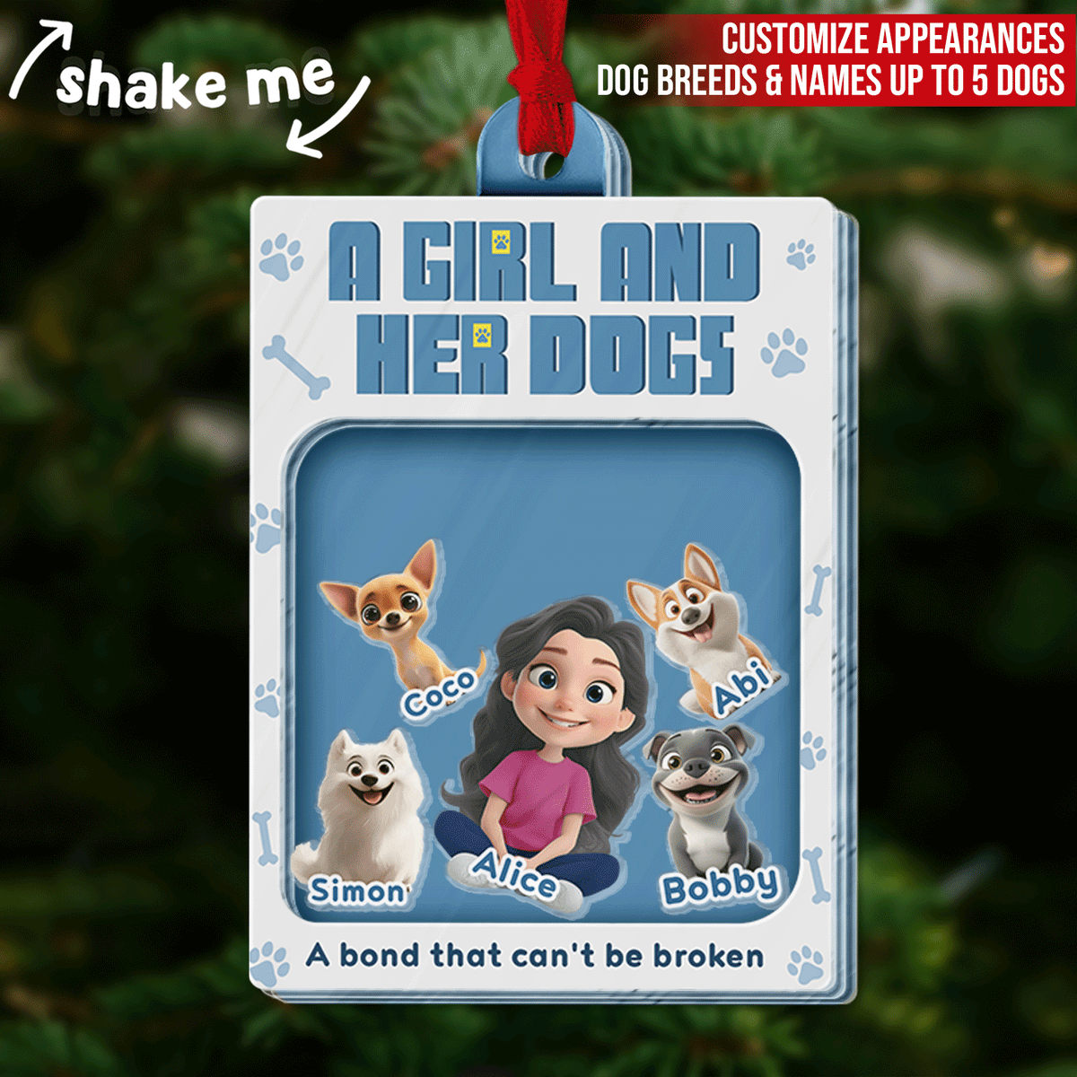 Personalized dog lover ornament featuring a girl with her dogs, customizable for up to 5 dog breeds