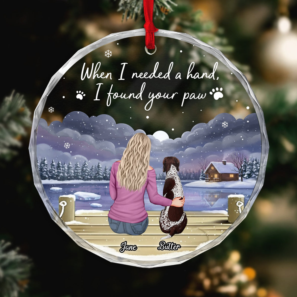 Personalized dog lover ornament featuring a woman and her dog by a snowy lake with a heartfelt quote