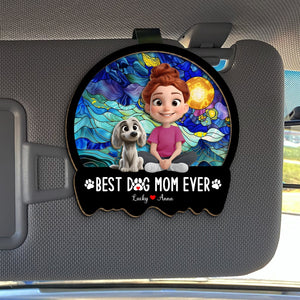 Personalized dog mom car visor clip featuring a girl and dog with the text Best Dog Mom Ever