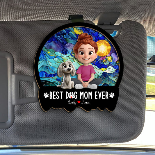 Personalized dog mom car visor clip featuring a girl and dog with the text Best Dog Mom Ever