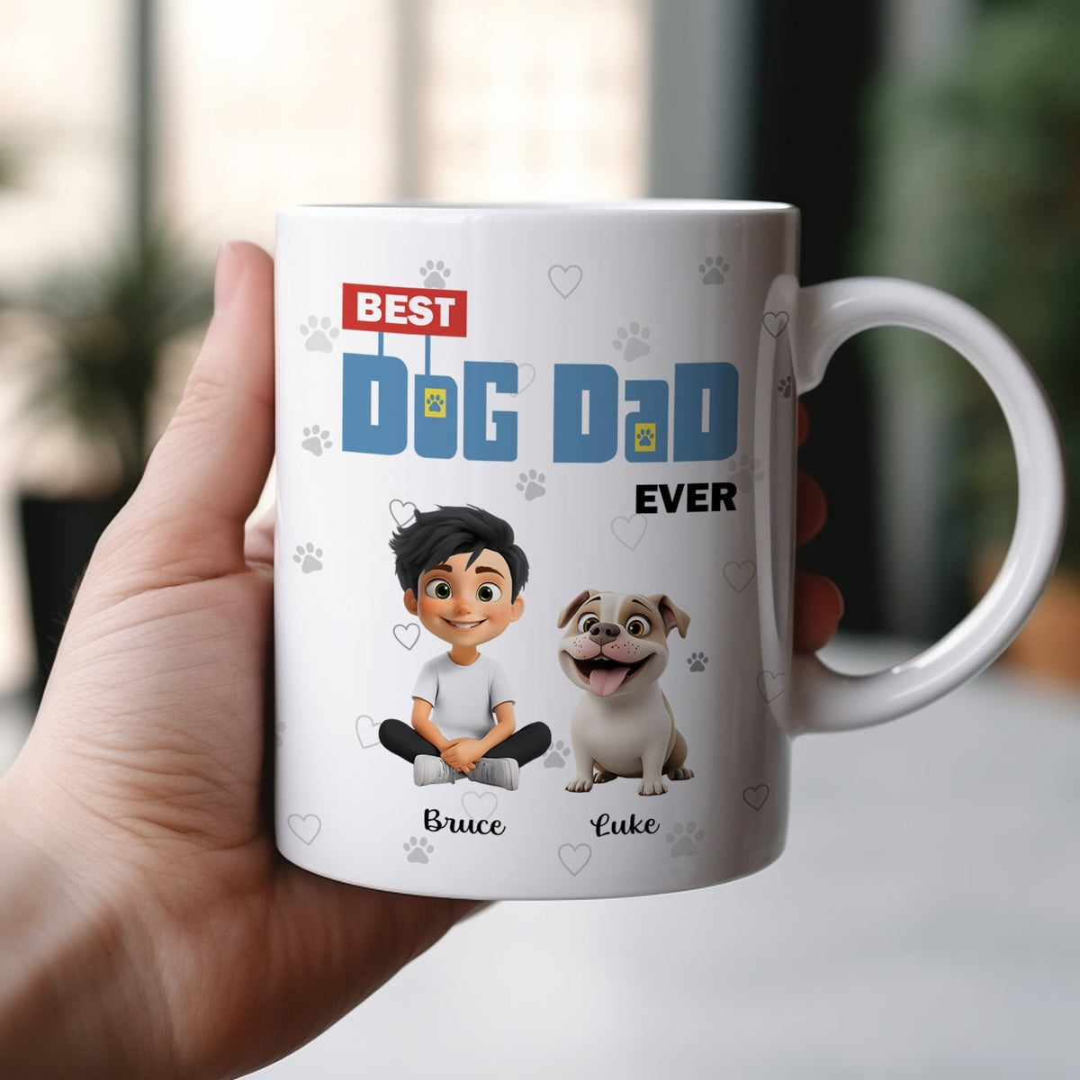 Personalized dog mom mug with cute cartoon characters and custom names for dog lovers