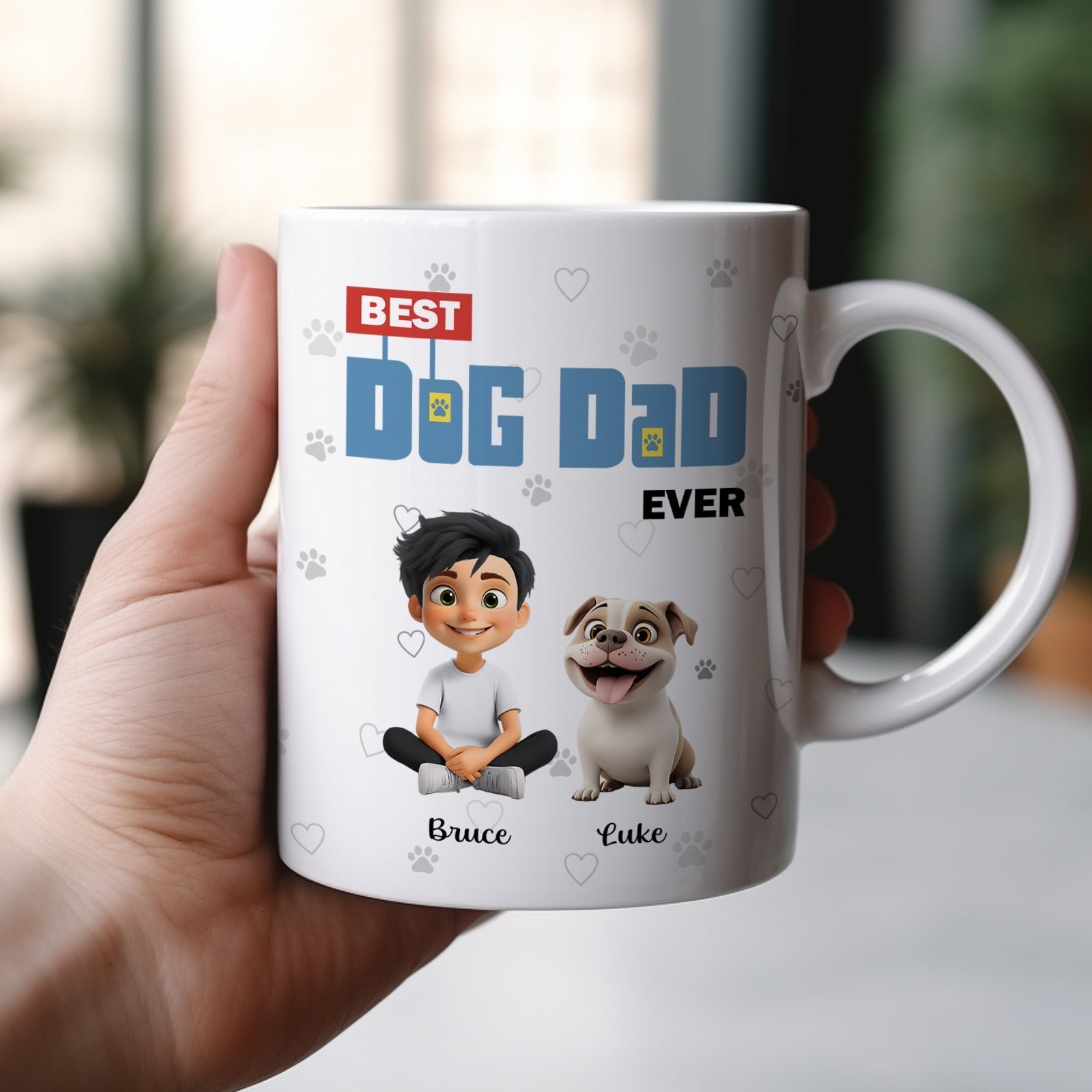 Personalized dog mom mug with cute cartoon characters and custom names for dog lovers