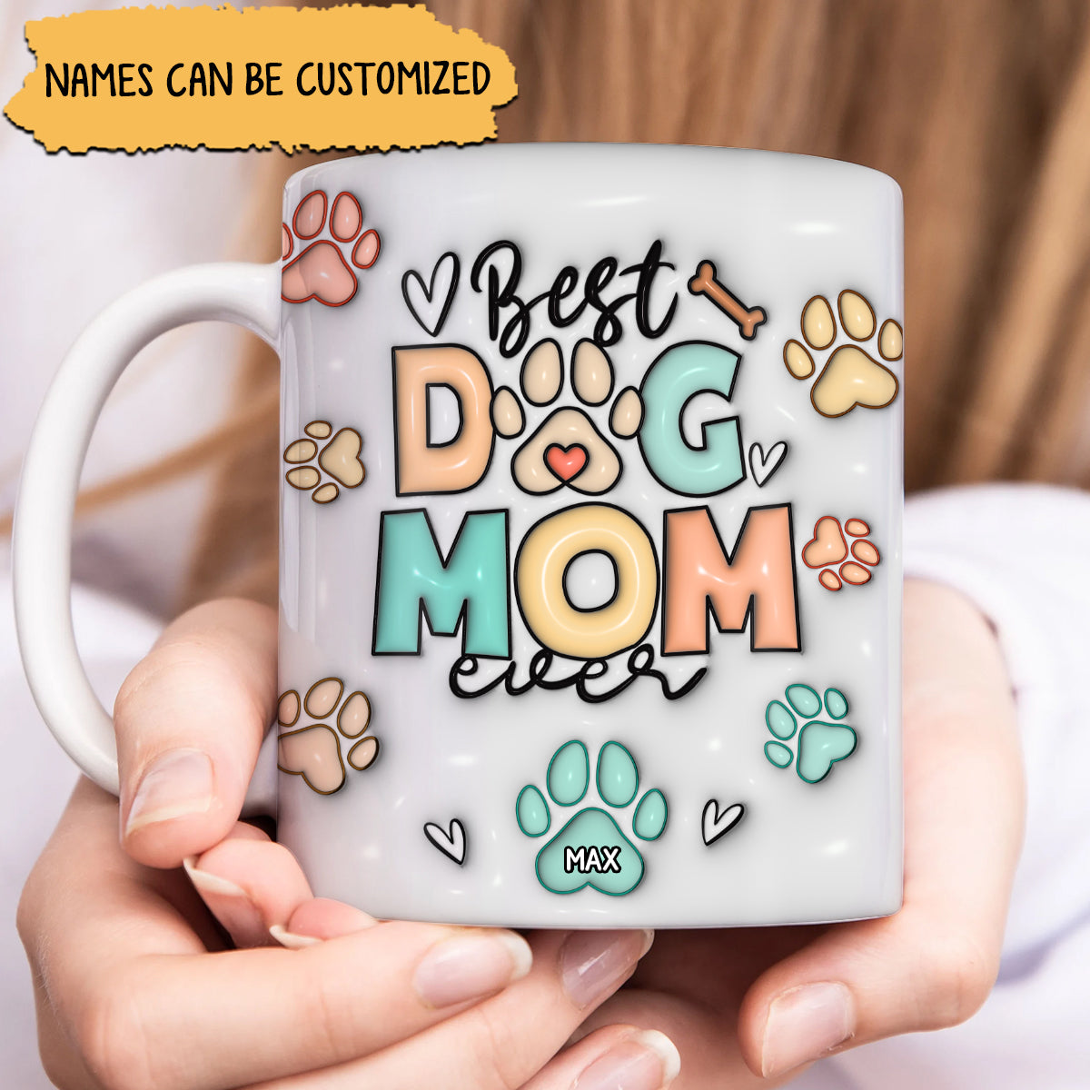 Personalized dog mom mug featuring colorful text and customizable name for dog lovers